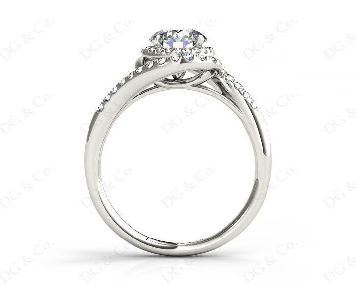 Round Cut Halo Diamond Cross Over Engagement ring with claw set centre stone in 18K White - DG & Co. Jewellery