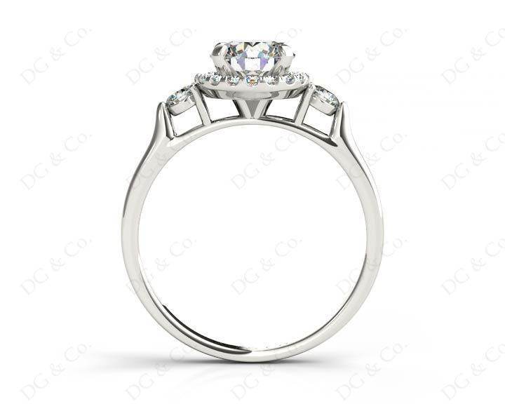 Round Cut Halo Trilogy diamond ring with pave set side stone in Platinum - DG & Co. Jewellery