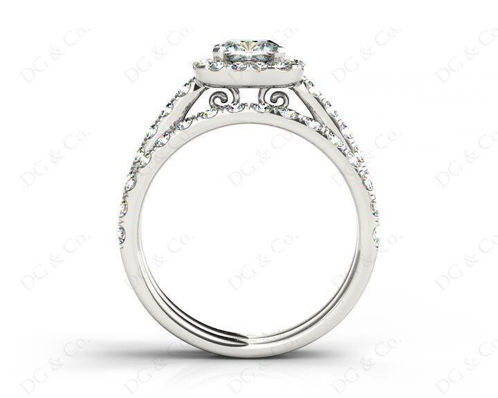 Cushion cut halo diamond wedding set rings with four claw setting - Platinum - DG & Co. Jewellery