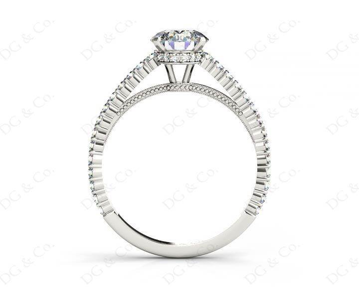 Vintage Style Round Cut Four Claw Set Diamond Ring with Side Halo and Round Cut Diamonds Claw Set on the Band - Platinum - DG & Co. Jewellery