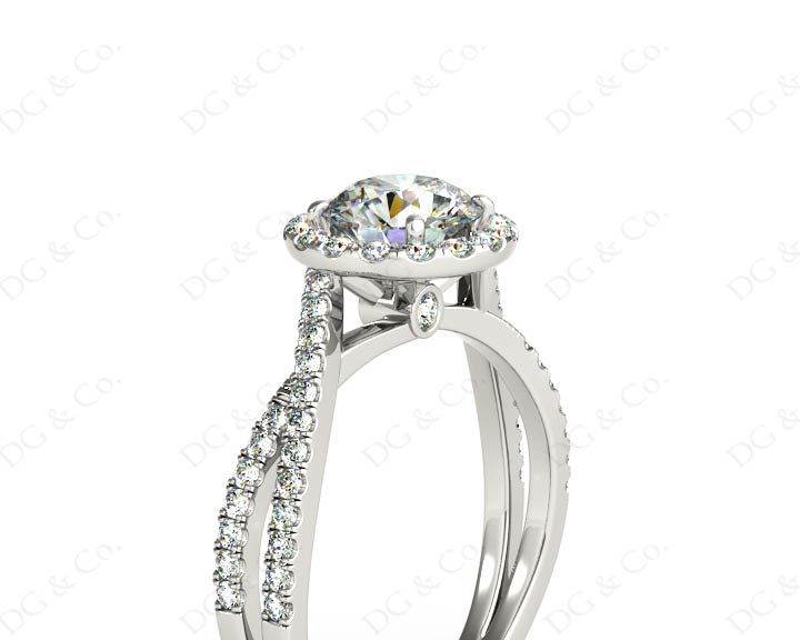 Round Cut Split Shank Diamond Halo Engagement Ring with Pave Set Side Stones Down the Band in 18K White - DG & Co. Jewellery