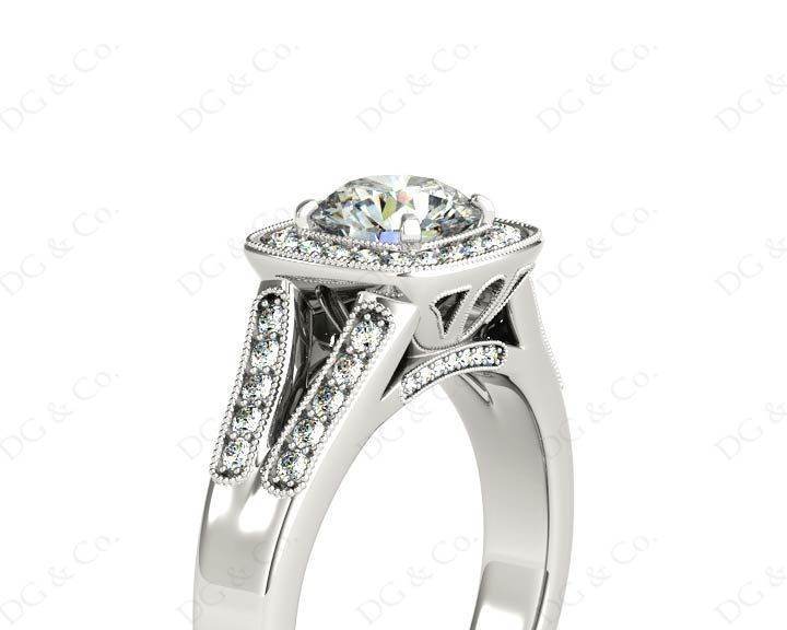 Vintage Style Round Cut Split Shank Milgrain Halo Set Engagement Ring with Channel Set Side Stones in Platinum - DG & Co. Jewellery