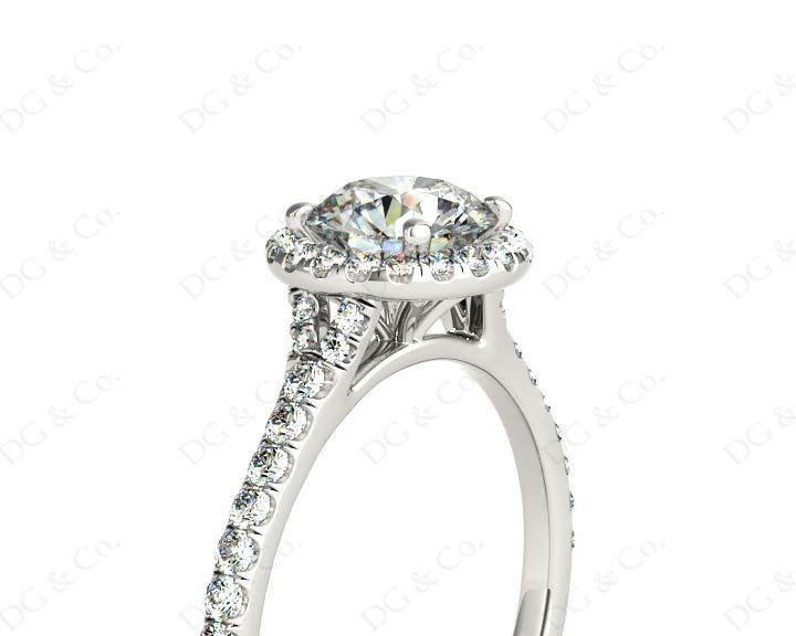 Round Cut Diamond Ring With Round Cut Diamonds Scallop Set on the Halo and Down the Shoulders - Platinum - DG & Co. Jewellery
