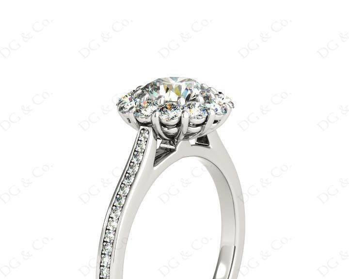 Round Cut Flower Halo Diamond Ring with a Claw Set Halo and Pave Set Side Stones - 18k White - DG & Co. Jewellery