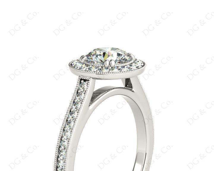 Halo Diamond Engagement Ring Round Cut with Claw Set Centre Stone Miligrain Share Prong Side Stones - Platinum - DG & Co. Jewellery