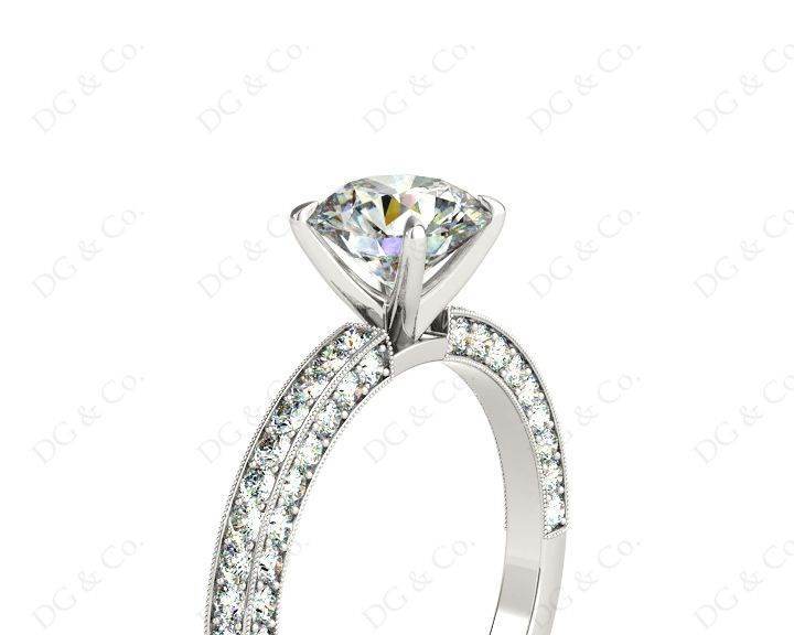 Round Cut Four Claws Side Stone Engagement Ring with Milgrain Set Side Stones in Platinum - DG & Co. Jewellery