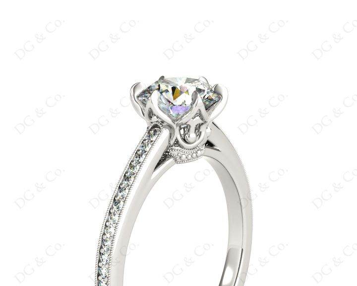 vintage Style Round Cut Diamond Ring With Six Claws Set Centre Stone - Platinum - DG & Co. Jewellery