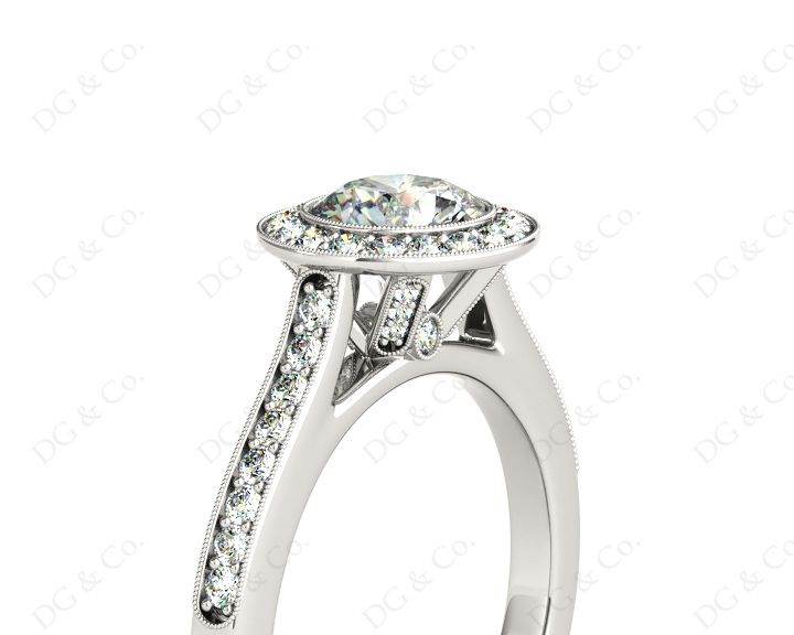 Round Cut Halo Diamond Engagement Ring with Bezel Milgrain Set Centre stone - 18K White - DG & Co. Jewellery
