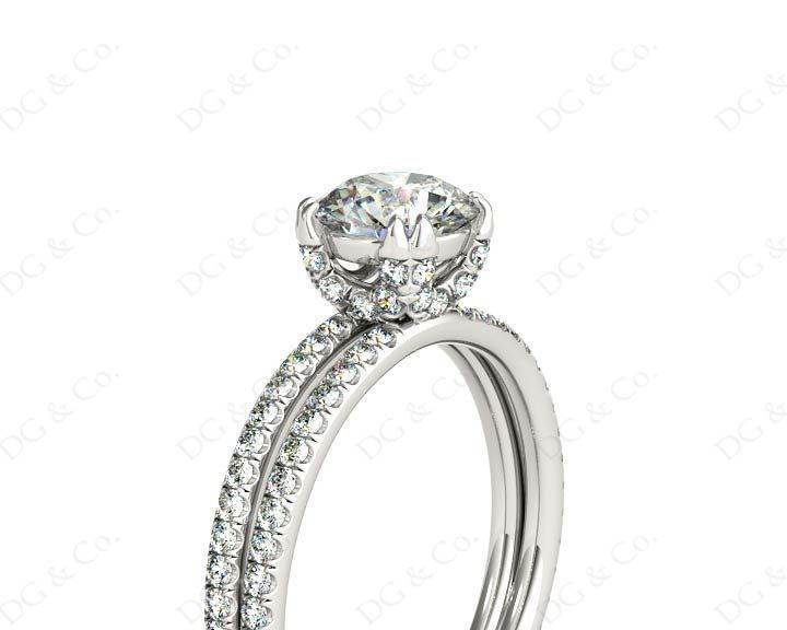 Round Cut Four Double Claw Set Diamond Ring with Pave Set Diamonds Down The Shoulders in Platinum - DG & Co. Jewellery