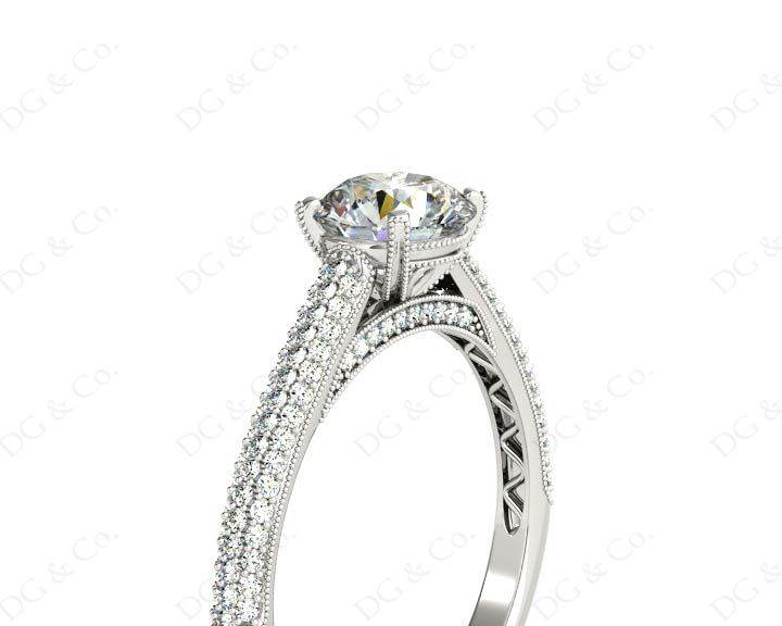 Vintage Style Round Cut Four Claw Set Diamond Ring with Micro Pave Set Stones Down the Shoulders - Platinum - DG & Co. Jewellery