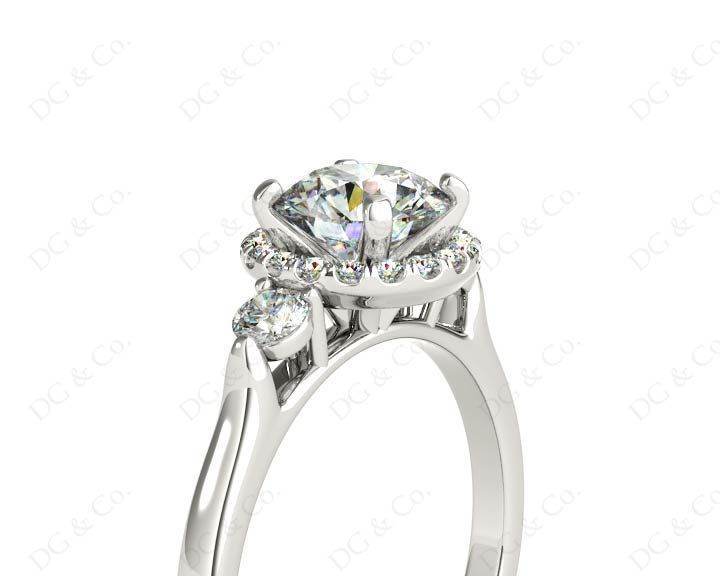 Round Cut Halo Trilogy diamond ring with pave set side stone in Platinum - DG & Co. Jewellery