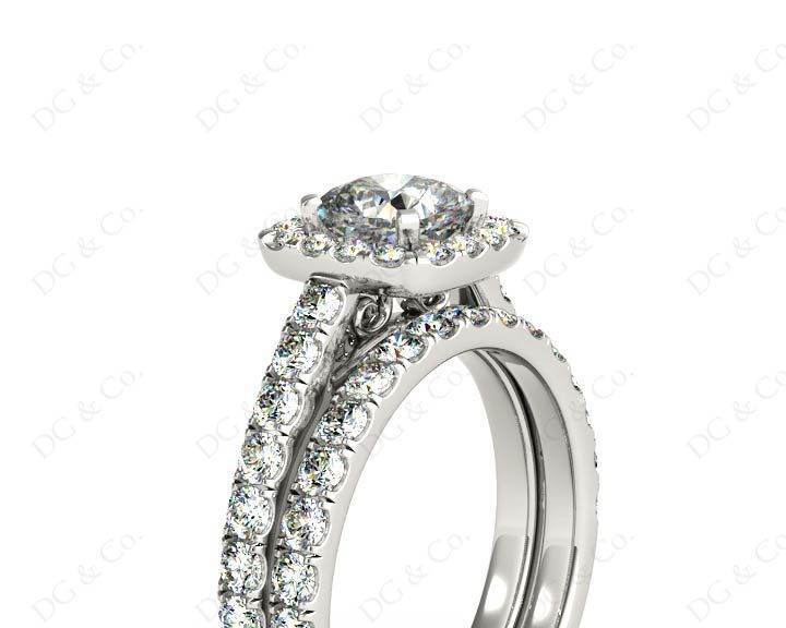 Cushion cut halo diamond wedding set rings with four claw setting - Platinum - DG & Co. Jewellery