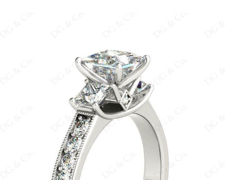Princess Cut Trilogy Ring with Milgrain set shoulder diamond - Platinum - DG & Co. Jewellery