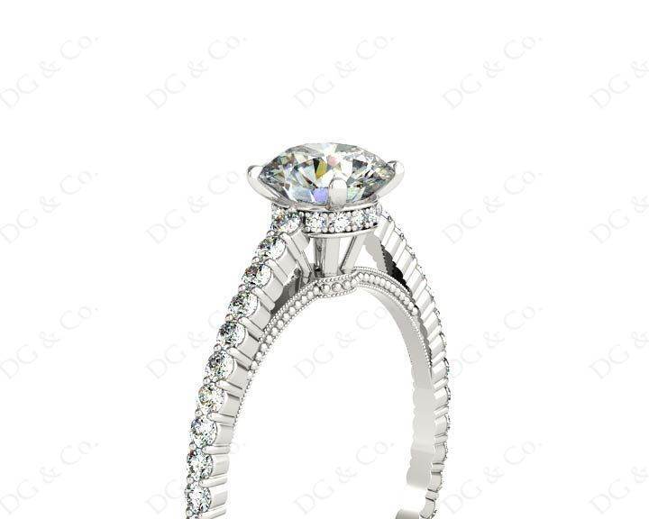Vintage Style Round Cut Four Claw Set Diamond Ring with Side Halo and Round Cut Diamonds Claw Set on the Band - Platinum - DG & Co. Jewellery