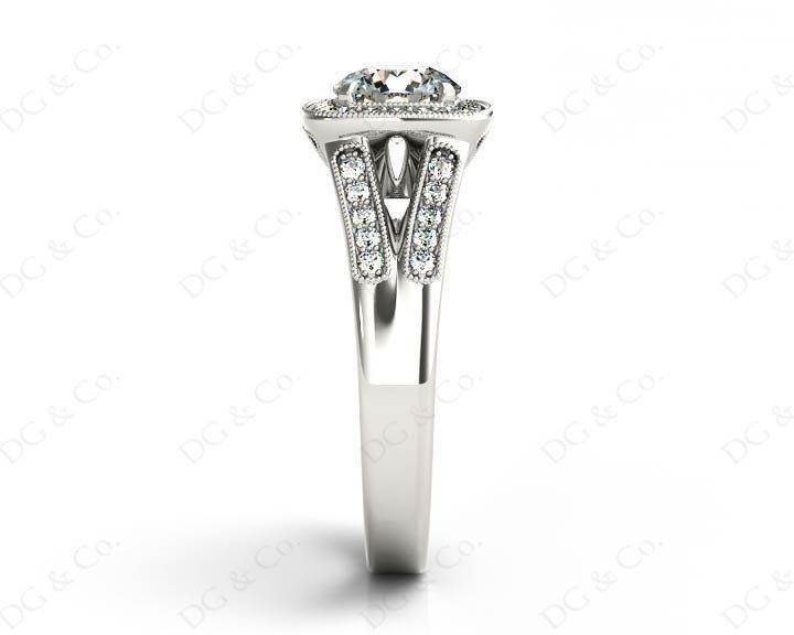 Vintage Style Round Cut Split Shank Milgrain Halo Set Engagement Ring with Channel Set Side Stones in Platinum - DG & Co. Jewellery