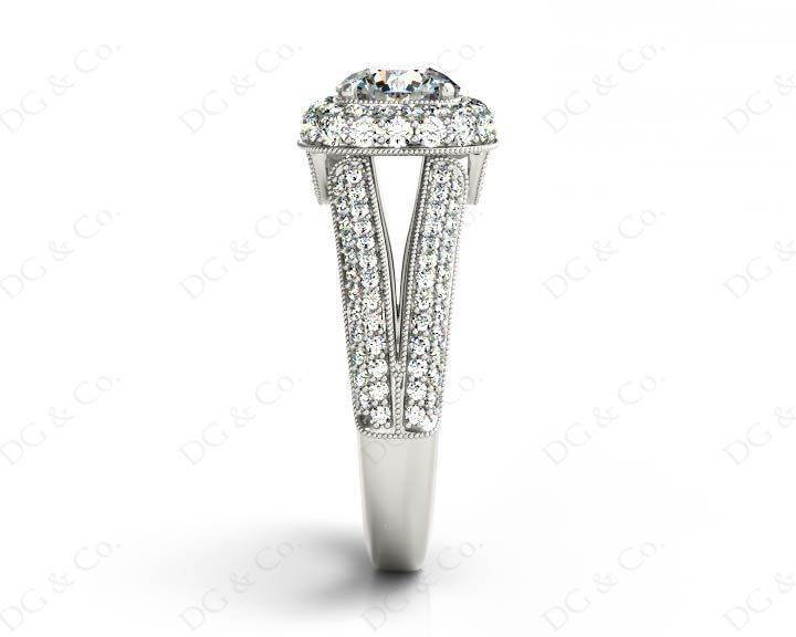 Round Cut Split Shank Milgrain Halo Engagement Ring with Micro Pave Set Diamonds on the Halo and Sidestones in Platinum - DG & Co. Jewellery
