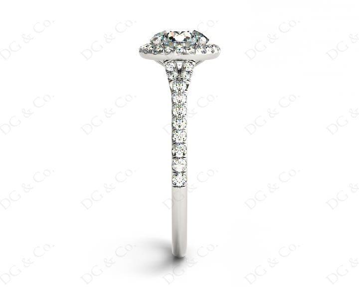 Round Cut Diamond Ring With Round Cut Diamonds Scallop Set on the Halo and Down the Shoulders - Platinum - DG & Co. Jewellery