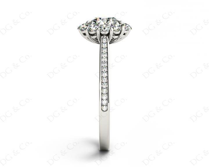 Round Cut Flower Halo Diamond Ring with a Claw Set Halo and Pave Set Side Stones - 18k White - DG & Co. Jewellery
