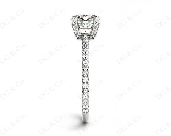 Round Cut Four Claw Set Diamond Ring with Scallop Set Round Cut Diamonds Pave Setting with two Side Halos and on the Band - 18K White - DG & Co. Jewellery