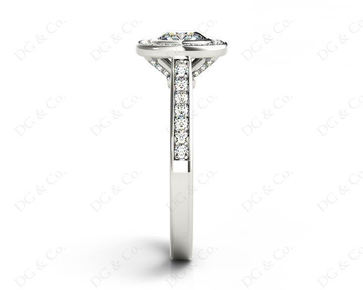 Cushion Cut Halo Ring with Bezel set centre stone with Side Stones - Platinum - DG & Co. Jewellery