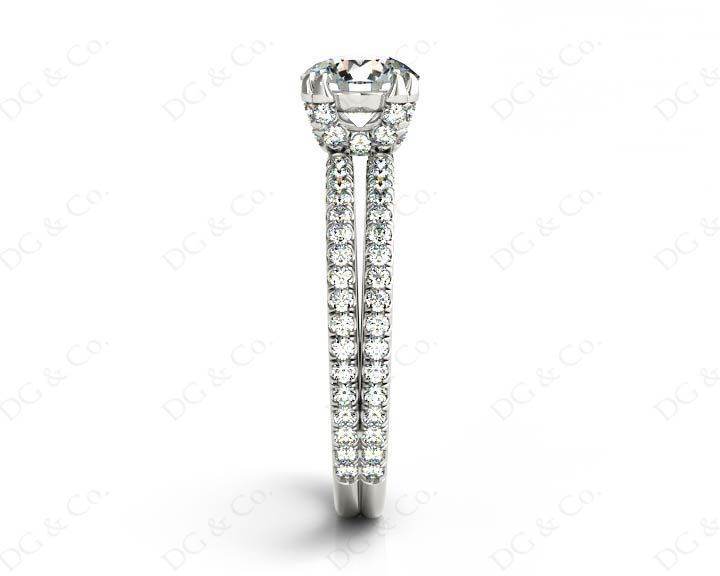 Round Cut Four Double Claw Set Diamond Ring with Pave Set Diamonds Down The Shoulders in Platinum - DG & Co. Jewellery