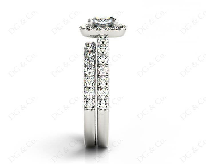 Cushion cut halo diamond wedding set rings with four claw setting - Platinum - DG & Co. Jewellery