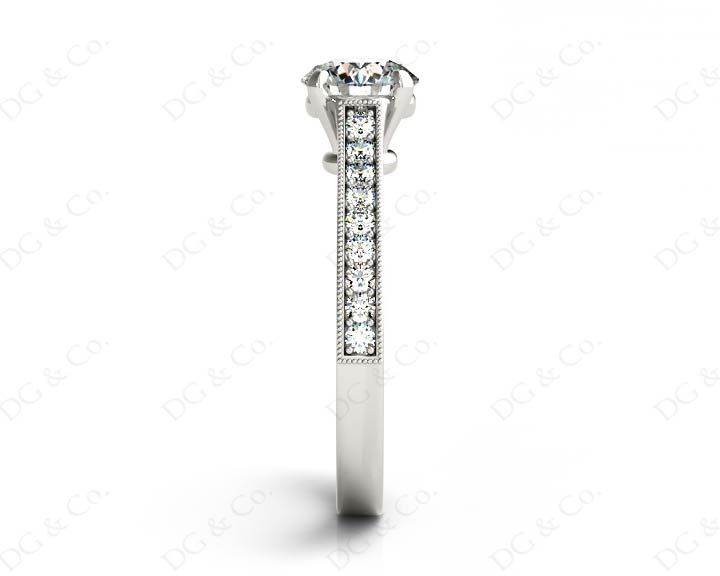 Round Cut Four Claw Set Milgrain Diamond Engagement Ring With Pave Side Stones - 18k White - DG & Co. Jewellery