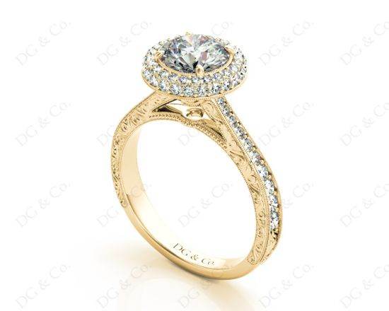 Vintage Style Double Halo Round Cut Diamond Engagement Ring With Claw Set Centre Stone - 18K Yellow - DG & Co. Jewellery