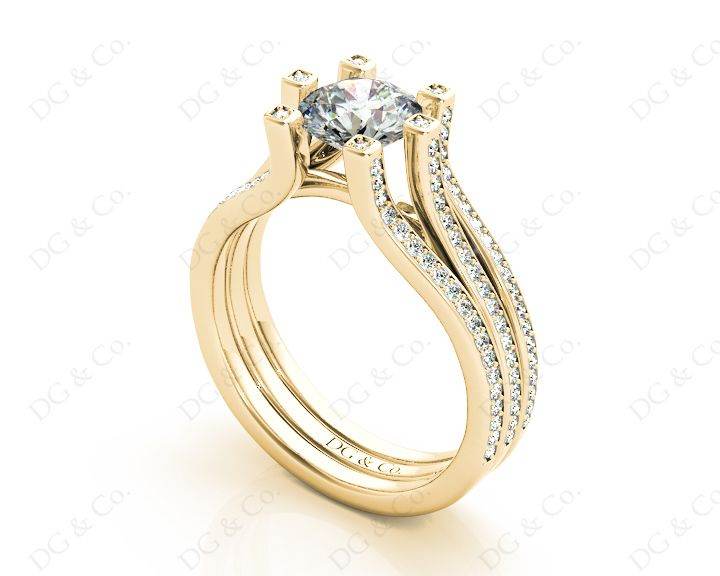 Round Cut Six Claws Diamond Signature Ring with Channel set Down in the Shoulders in 18K Yellow - DG & Co. Jewellery