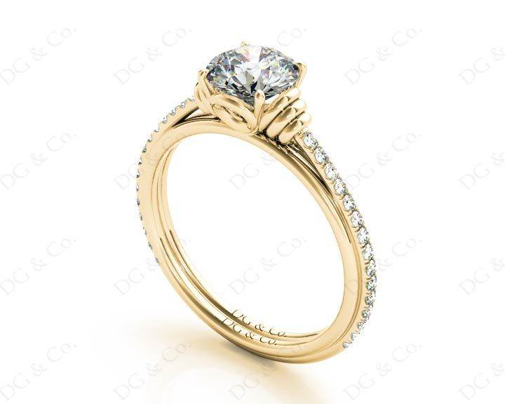 Round Cut Four Claw Set Diamond Ring with Pave Set Diamonds on the Band - 18K Yellow - DG & Co. Jewellery