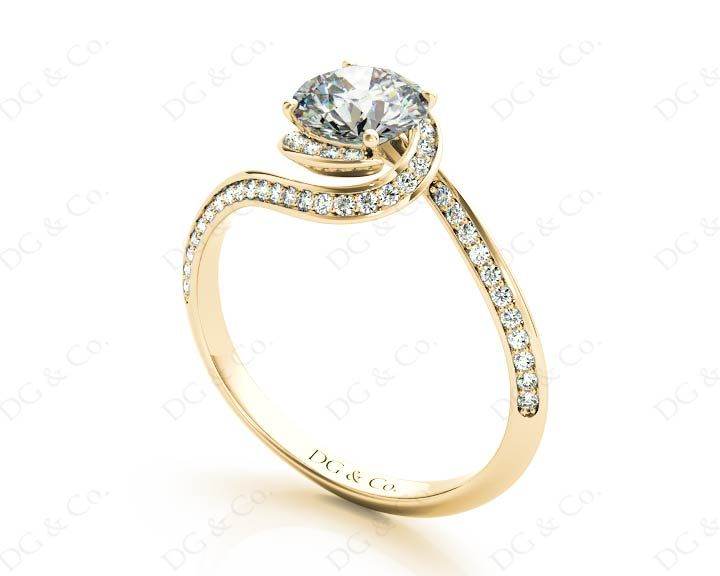 Round Cut Twist band claw set diamond with grain set side stone in 18K Yellow - DG & Co. Jewellery