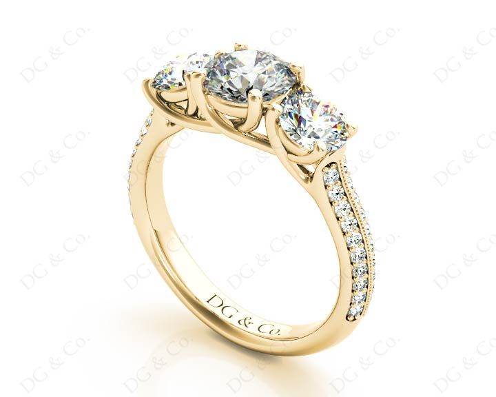 Round Cut Trilogy Diamond Engagement ring with claw set center stone - 18K Yellow - DG & Co. Jewellery