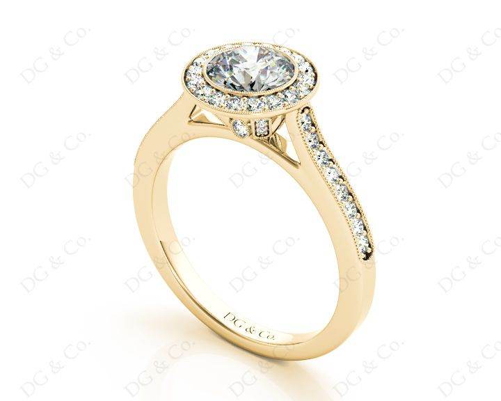 Round Cut Halo Diamond Engagement Ring with Bezel Milgrain Set Centre stone - 18K Yellow - DG & Co. Jewellery