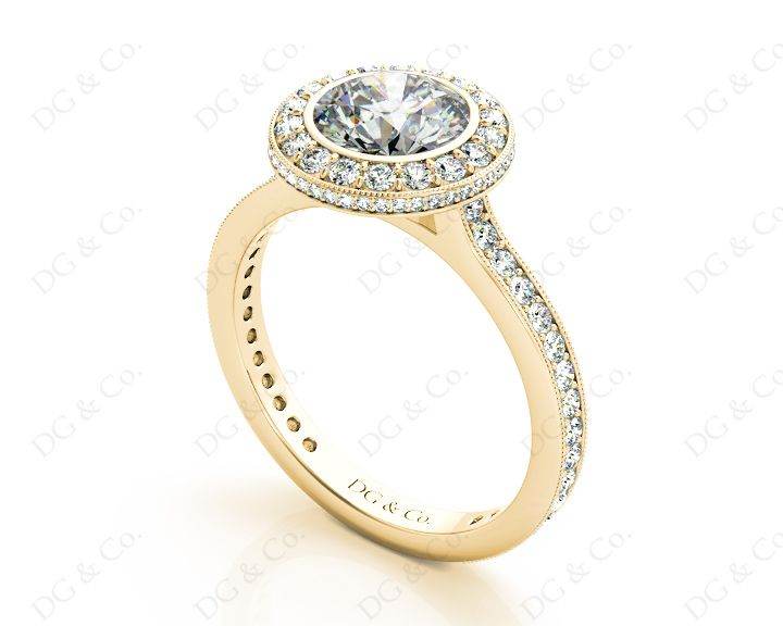 Vintage Style Round Cut Halo Diamond Ring with Bezel Set Centre Stone - 18K Yellow - DG & Co. Jewellery