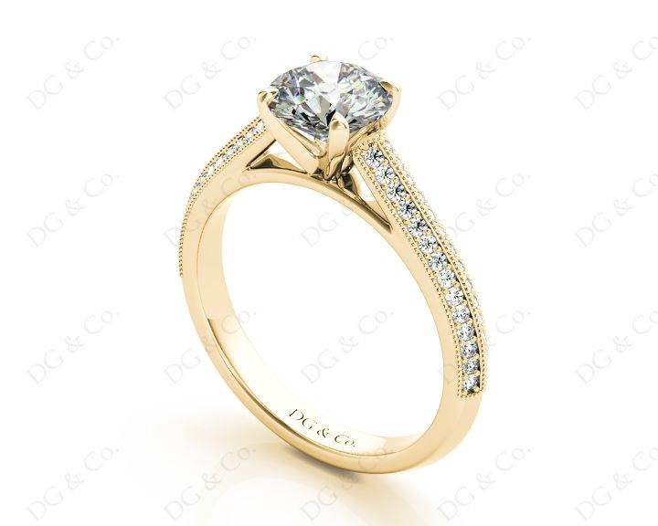 Round Cut Four Claws Diamond Ring in a Milgrain Pave Setting Side Stones in 18K Yellow - DG & Co. Jewellery