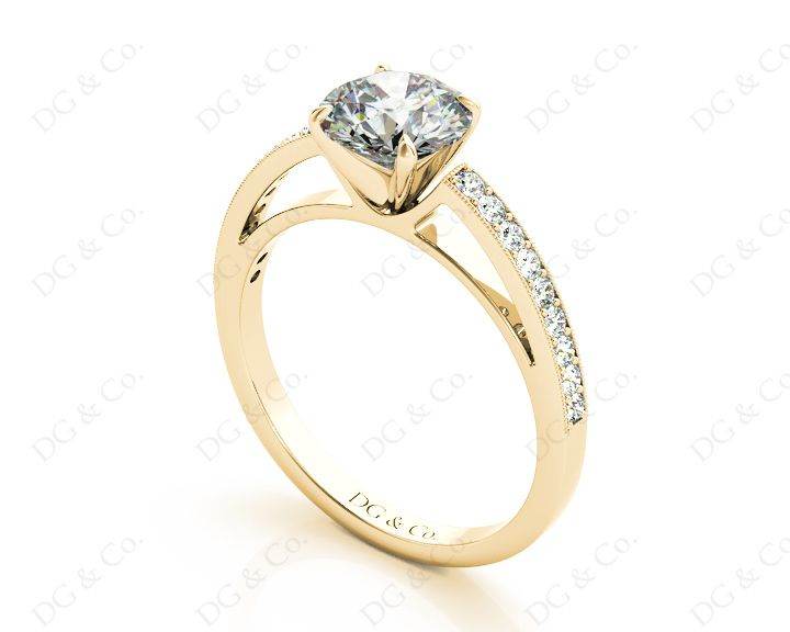 Round Cut Four Claws V Set Diamond Ring with Grain Set Side Stones in 18K Yellow - DG & Co. Jewellery