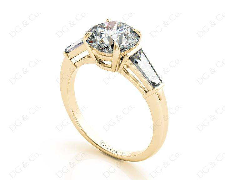 Round Cut Classic Three Stones Ring with Tapered Baguettes Diamond - 18K Yellow - DG & Co. Jewellery