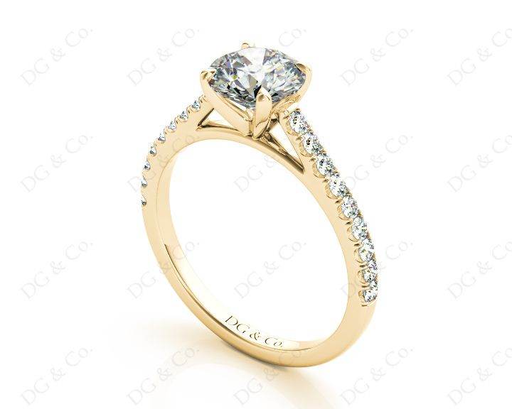Round Cut Four Claws Diamond Ring with Pave Set Side Stones - 18K Yellow - DG & Co. Jewellery