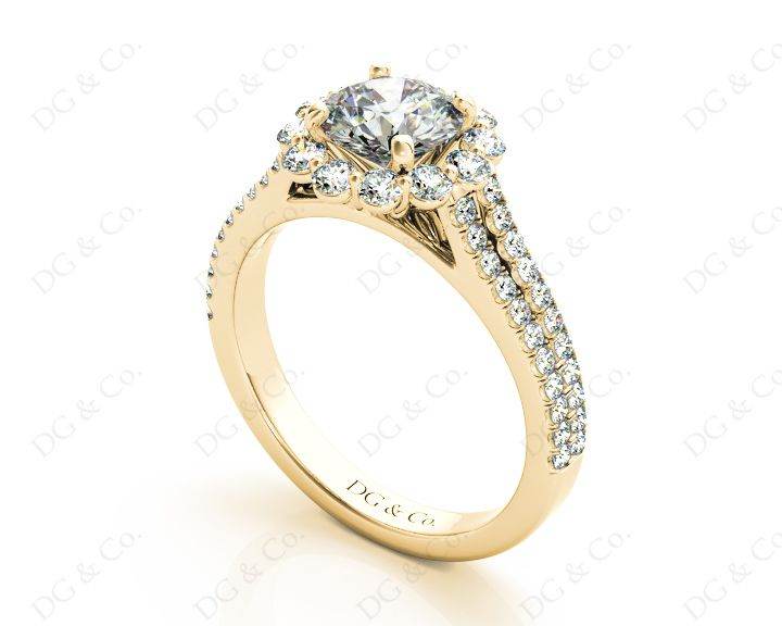 Round Cut Halo Flower Diamond Engagement Ring Split Band with Claw Set Centre Stone - 18K Yellow - DG & Co. Jewellery