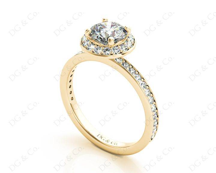 Round Cut Halo Diamond Ring with Four Claws Set Centre Stone in 18K Yellow - DG & Co. Jewellery