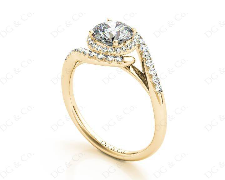 Round Cut Halo Diamond Cross Over Engagement ring with claw set centre stone in 18K Yellow - DG & Co. Jewellery