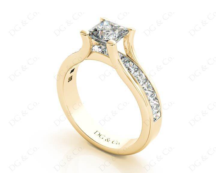 Princess Cut Diamond Engagement ring with four claws Channel Setting Side stones in 18K Yellow - DG & Co. Jewellery