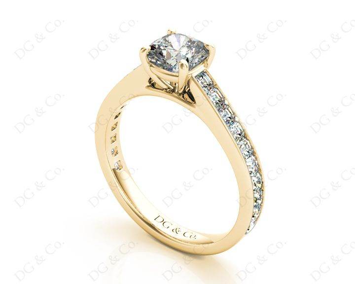 Cushion Cut Four Claws Set Diamond Ring with Channel Set Side Stones - 18K Yellow - DG & Co. Jewellery