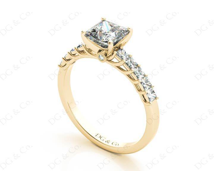 Princess Cut Four Claw Set Diamond Ring with Princess Cut Stones Down the Shoulders and Brilliant Stones on Sides - 18K Yellow - DG & Co. Jewellery