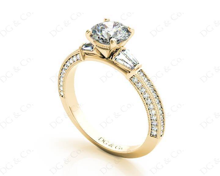 Vintage Style Round Cut Four Claw Diamond Ring with Pave Milgrain Set Side Stones In 18K Yellow - DG & Co. Jewellery