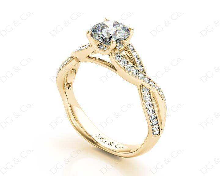 Twist Band Round Cut Four Claw Set Diamond Ring with Pave Set Stones Down the Shoulders - 18K Yellow - DG & Co. Jewellery