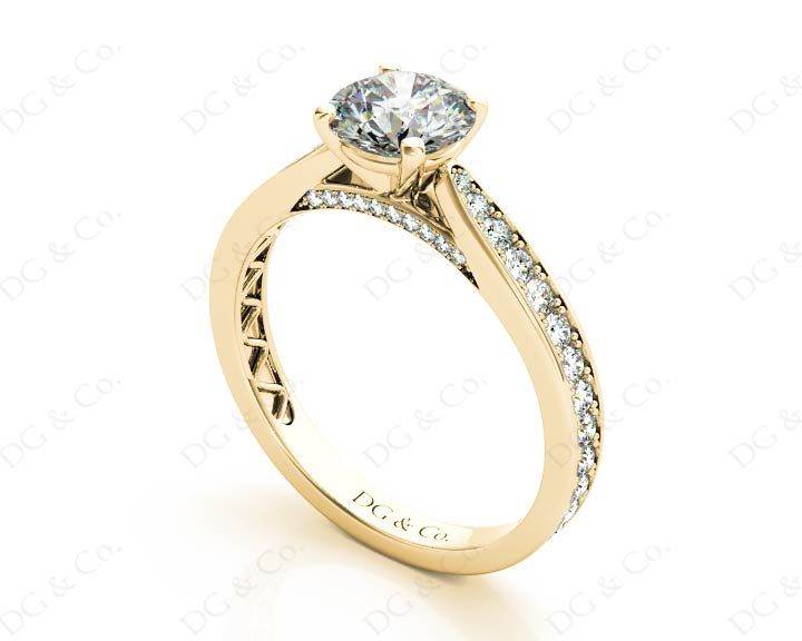Round Cut Four Claw Set Diamond Ring with Pave Set Stones Down the Shoulders and on Both Sides - 18K Yellow - DG & Co. Jewellery