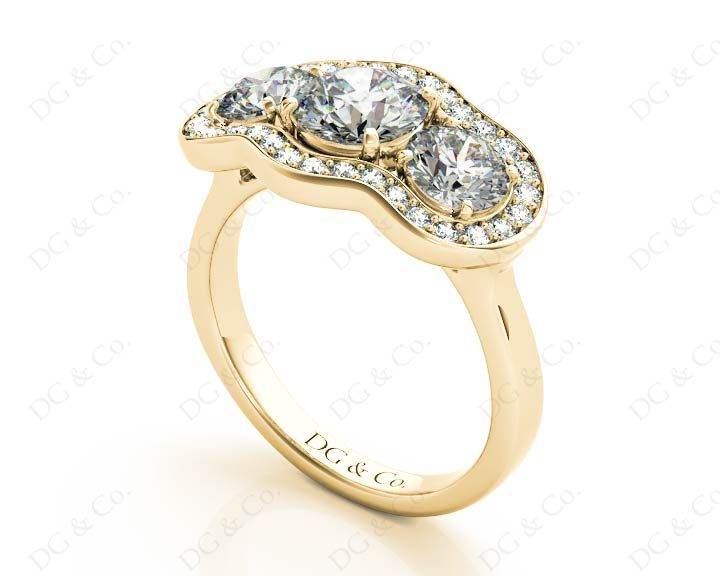 Round Cut Halo Trilogy Diamond Engagement Ring with Pave Set Side Stone In 18K Yellow - DG & Co. Jewellery