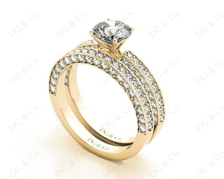 Engagement and Wedding Set Rings Round Cut Diamond with Pave Setting Side Stones in 18K Yellow - DG & Co. Jewellery