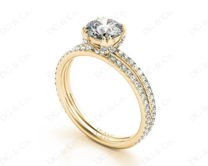 Round Cut Four Double Claw Set Diamond Ring with Pave Set Diamonds Down The Shoulders in 18K Yellow - DG & Co. Jewellery